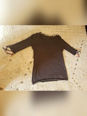 Burberry Brit Dark Gray 3/4 Sleeve Knit Plaid Cuff Women's Top Size M